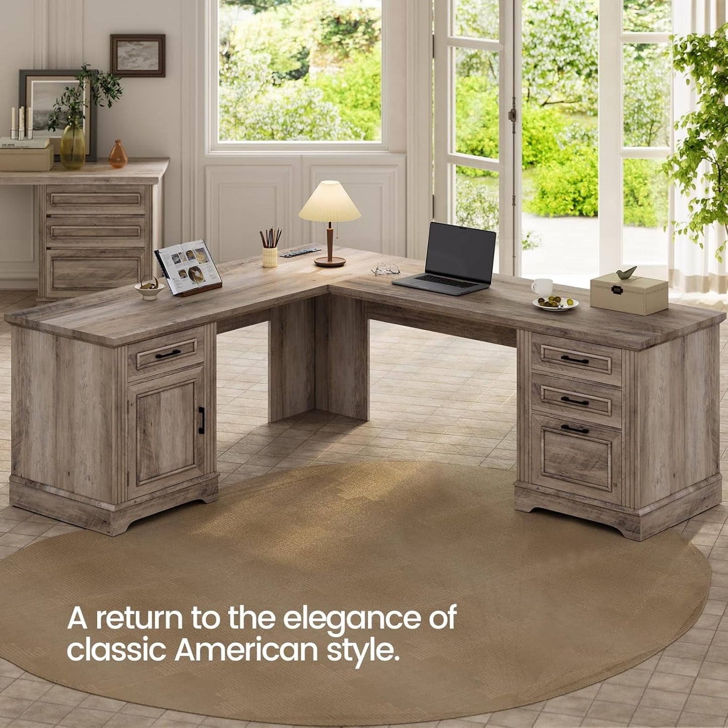 Farmhouse L Shaped Desk, Executive Computer Desk with Drawers and Storage Cabinet, Home Office Desk with File Drawer and Power Outlet, Corner Desk, Workstation for Office Home, Grey