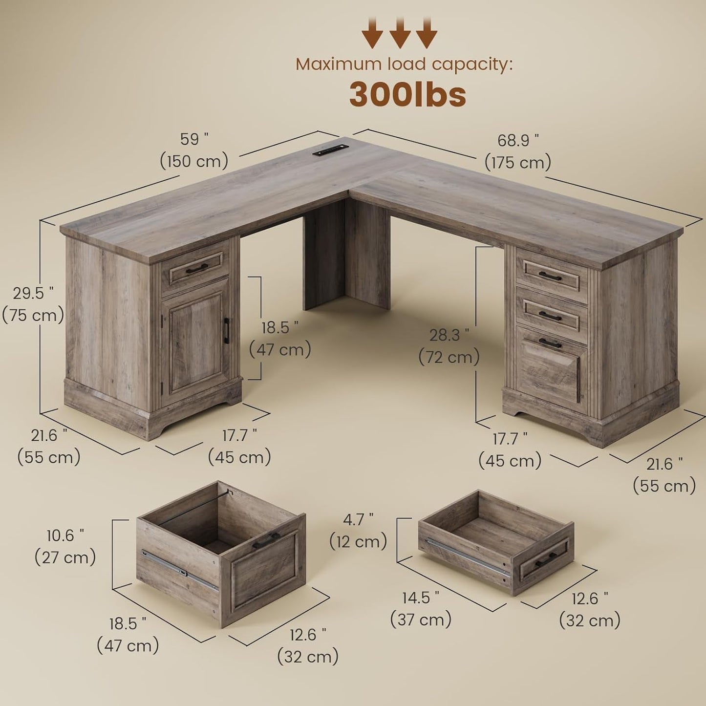 Farmhouse L Shaped Desk, Executive Computer Desk with Drawers and Storage Cabinet, Home Office Desk with File Drawer and Power Outlet, Corner Desk, Workstation for Office Home, Grey