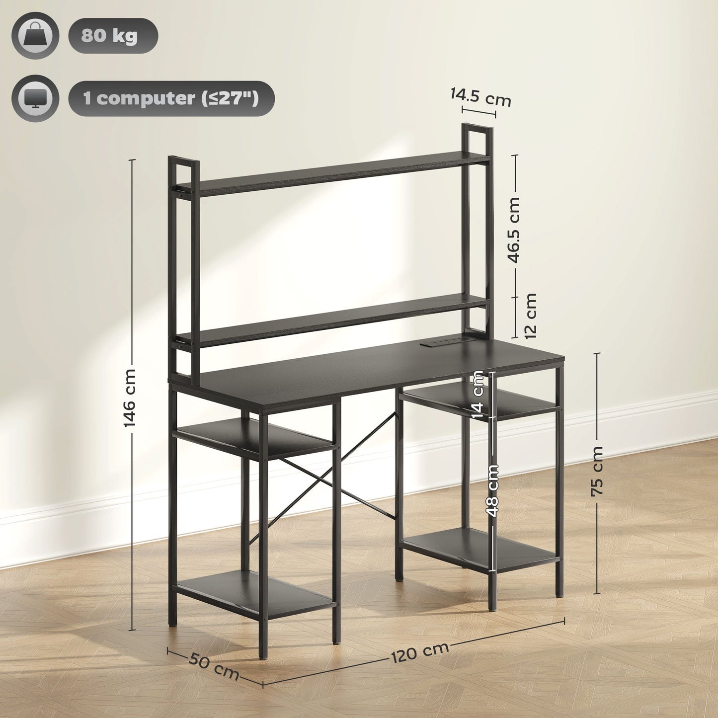 Computer Desk with Power Outlets and LED Lights, Home Office Desk with Monitor Stand and 2 CPU Stands, Study Table Gaming Desk with Hutch, Black