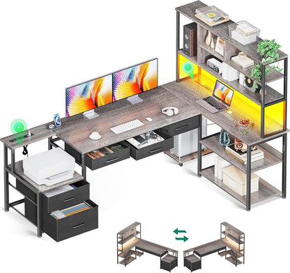 79 Inch L Shaped Desk with File Drawers, Reversible L Shaped Gaming Desk with Power Outlets & LED Lights, Computer Desk with Storage Shelves for Home Office, Grey Oak