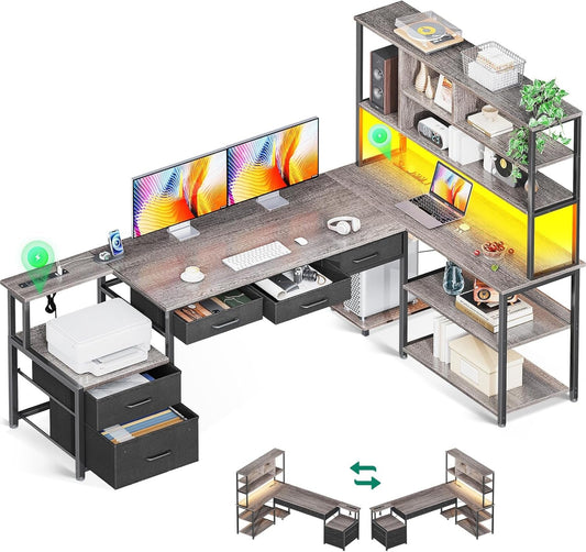 79 Inch L Shaped Desk with File Drawers, Reversible L Shaped Gaming Desk with Power Outlets & LED Lights, Computer Desk with Storage Shelves for Home Office, Grey Oak