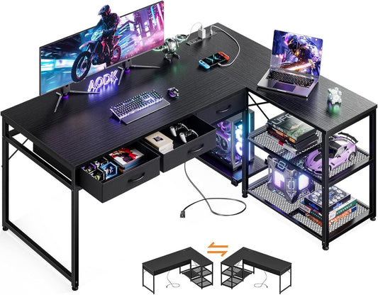 53 Inch L Shaped Computer Desk with Drawers, Corner Desk with Power Outlets & Reversible Storage Shelves, Movable CPU Stand for Home Office Gaming, Black
