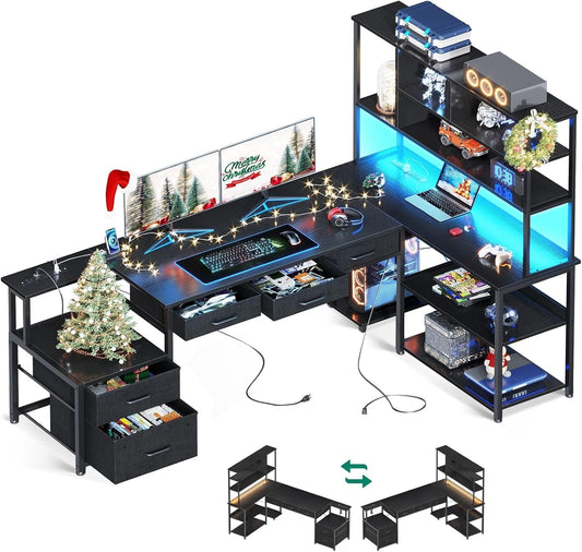 79 Inch L Shaped Desk with File Drawers, Reversible L Shaped Gaming Desk with Power Outlets & LED Lights, Computer Desk with Storage Shelves for Home Office, Black