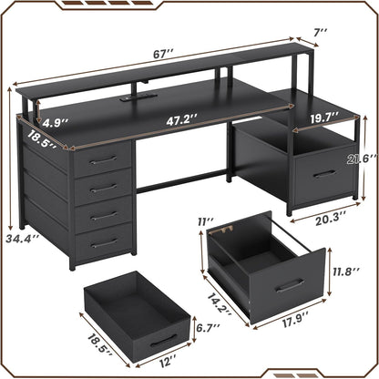 Computer Desk with 5 Drawer, Power Outlet & Led Lights, 66'' Home Office Desk with File Drawer, Storage, Monitor Shelf, Gaming Desk, Black
