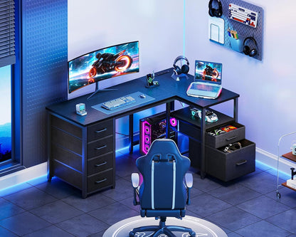 L Shaped Computer Desk with 6 Drawers & Power Outlet, 55 Inch Corner Desk with Reversible Storage Shelf & File Drawer, Home Office Desk, Black