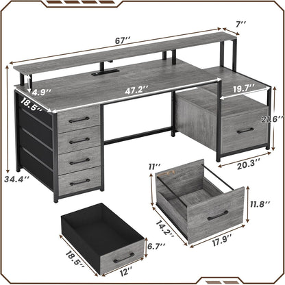 Home Office Desk with File Drawer & Power Outlet, 66'' Computer Desk with 5 Drawer, Storage Shelves, Printer Cabinet and Monitor Shelf, Gaming Desk with Led Lights, Grey