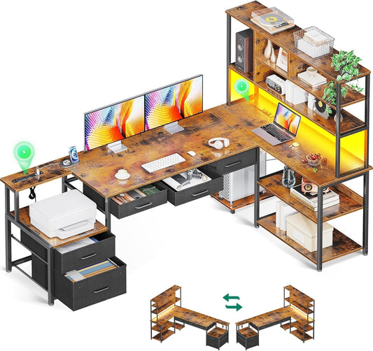 79 Inch L Shaped Desk with File Drawers, Reversible L Shaped Gaming Desk with Power Outlets & LED Lights, Computer Desk with Storage Shelves for Home Office, Vintage