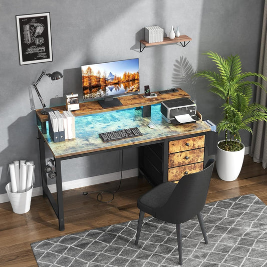 Computer Desk with Fabric Drawers, 47 Inch Home Office Desk with Monitor Stand, Gaming Desk with LED Lights and Power Outlets, Rustic Brown