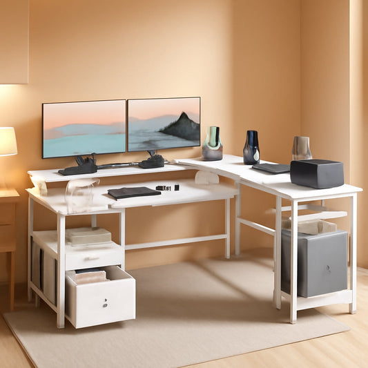 66” L Shaped Desk with Power Outlet, Reversible Computer Gaming Desk with File Drawer & 2 Monitor Stands for Home Office with Storage Shelves, White