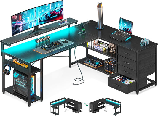 61" L Shaped Desk with Drawer, Computer Desk with Power Outlets & LED Lights, Reversible Corner Gaming Desk for Home Office Workstation, Office Desk with Monitor Shelf, Pure Black