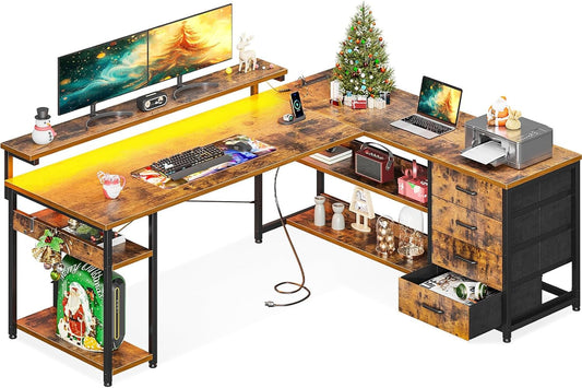 61" L Shaped Desk with Drawer, Computer Desk with Power Outlets & LED Lights, Reversible Corner Gaming Desk for Home Office Workstation, Office Desk with Monitor Shelf, Vintage