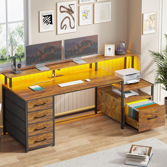 Home Office Desk with File Drawer & Power Outlet, 66'' Computer Desk with 5 Drawer, Storage Shelves, Printer Cabinet and Monitor Shelf, Gaming Desk with Led Lights, Rustic Brown