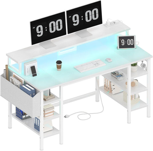 White Desk with Storage Shelves - 47 Inch Home Office Gaming Desk with Monitor Stand, Computer Desk with LED Lights and Power Outlets, White