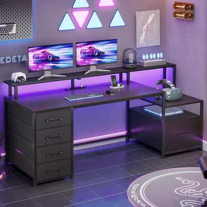 Computer Desk with 5 Drawer, Power Outlet & Led Lights, 66'' Home Office Desk with File Drawer, Storage, Monitor Shelf, Gaming Desk, Black