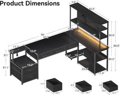 79 Inch L Shaped Desk with File Drawers, Reversible L Shaped Gaming Desk with Power Outlets & LED Lights, Computer Desk with Storage Shelves for Home Office, Black