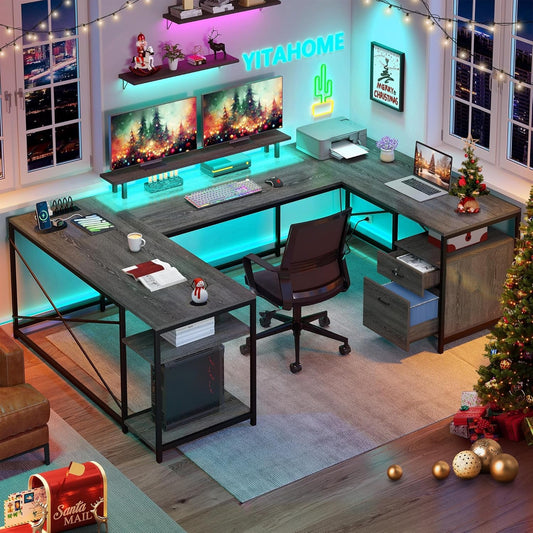 U Shaped Desk with Power Outlets & LED Lights, 79" Reversible L Shaped Desk with Drawers, Corner Computer Desk Office Desk with Monitor Stand & Storage Shelves, Grey