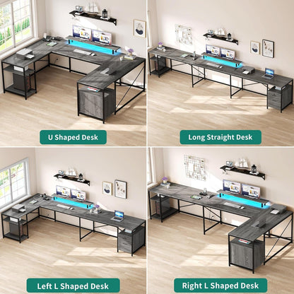 U Shaped Desk with Power Outlets & LED Lights, 79" Reversible L Shaped Desk with Drawers, Corner Computer Desk Office Desk with Monitor Stand & Storage Shelves, Grey