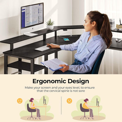 L Shaped Gaming Desk with LED Lights & Power Outlets, 46.2" Computer Desk with Full Monitor Stand & Storage Shelf, Corner Desk with Hooks, Black Desk Reversible