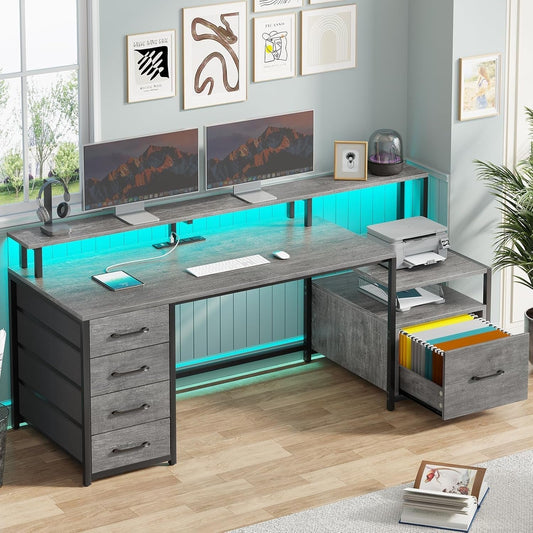 Home Office Desk with File Drawer & Power Outlet, 66'' Computer Desk with 5 Drawer, Storage Shelves, Printer Cabinet and Monitor Shelf, Gaming Desk with Led Lights, Grey