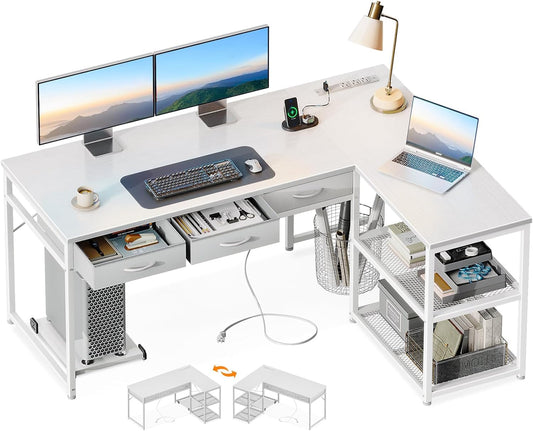 53 Inch L Shaped Computer Desk with Drawers, Corner Desk with Power Outlets & Reversible Storage Shelves, Movable CPU Stand for Home Office Gaming, White