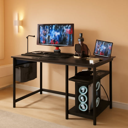 Small Computer Desk with Power Outlets, 40 Inch L Shaped Desk with Reversible Shelves, Gaming Desk Corner Desk Study Writing Table for Home Office Bedroom Living Room, Black