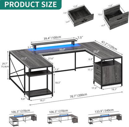 U Shaped Desk with Power Outlets & LED Lights, 79" Reversible L Shaped Desk with Drawers, Corner Computer Desk Office Desk with Monitor Stand & Storage Shelves, Grey