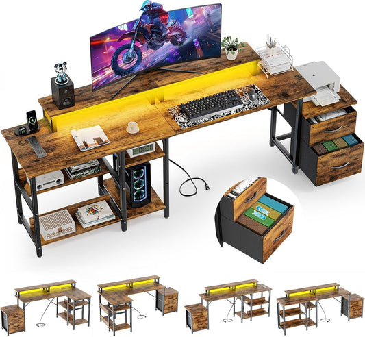Computer Desk with Storage,Home Office Large Customizable Reversible L Shaped Gaming Desks with Power Outlets & LED Lights, Corner Gaming Table with Monitor Stand, 69.3" Long Desk,Vintage