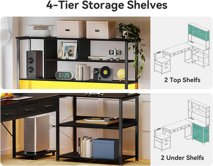 79 Inch L Shaped Desk with File Drawers, Reversible L Shaped Gaming Desk with Power Outlets & LED Lights, Computer Desk with Storage Shelves for Home Office, Black