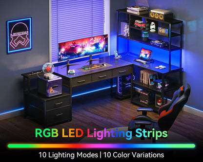 79 Inch L Shaped Desk with File Drawers, Reversible L Shaped Gaming Desk with Power Outlets & LED Lights, Computer Desk with Storage Shelves for Home Office, Black
