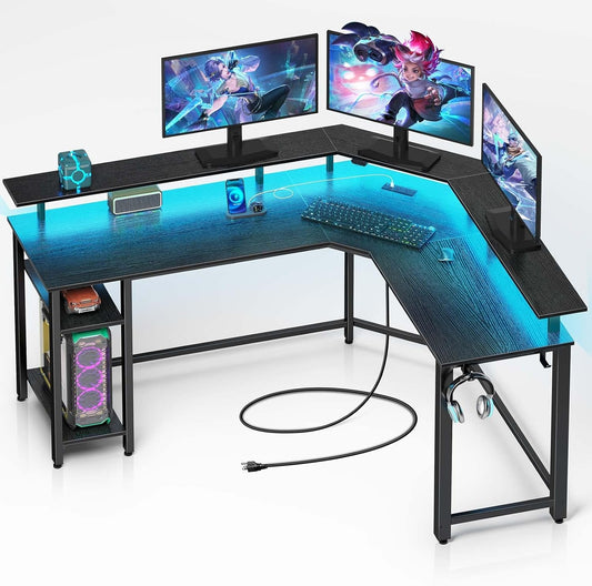 L Shaped Gaming Desk with LED Lights & Power Outlets, 46.2" Computer Desk with Full Monitor Stand & Storage Shelf, Corner Desk with Hooks, Black Desk Reversible