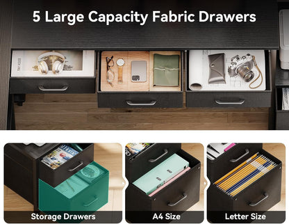 79 Inch L Shaped Desk with File Drawers, Reversible L Shaped Gaming Desk with Power Outlets & LED Lights, Computer Desk with Storage Shelves for Home Office, Black