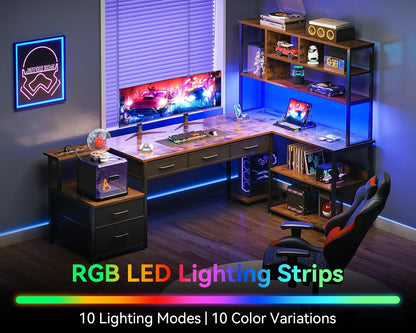79 Inch L Shaped Desk with File Drawers, Reversible L Shaped Gaming Desk with Power Outlets & LED Lights, Computer Desk with Storage Shelves for Home Office, Vintage