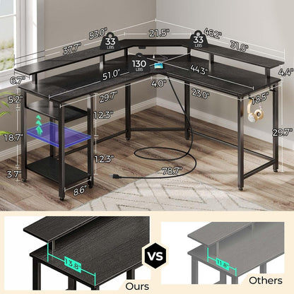 L Shaped Gaming Desk with LED Lights & Power Outlets, 46.2" Computer Desk with Full Monitor Stand & Storage Shelf, Corner Desk with Hooks, Black Desk Reversible