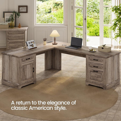 Farmhouse L Shaped Desk, Executive Computer Desk with Drawers and Storage Cabinet, Home Office Desk with File Drawer and Power Outlet, Corner Desk, Workstation for Office Home, Grey