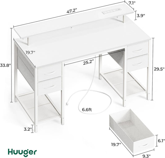 47 Inch Computer Desk with 4 Drawers, Gaming Desk with LED Lights & Power Outlets, Home Office Desk with Large Storage Space for Bedroom, Work from Home, White