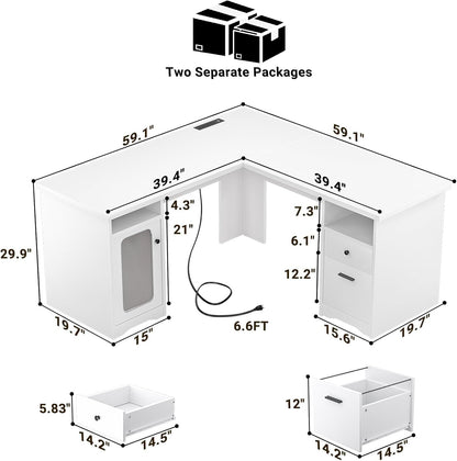 L Shaped Computer Desk with Power Outlets and USB Ports